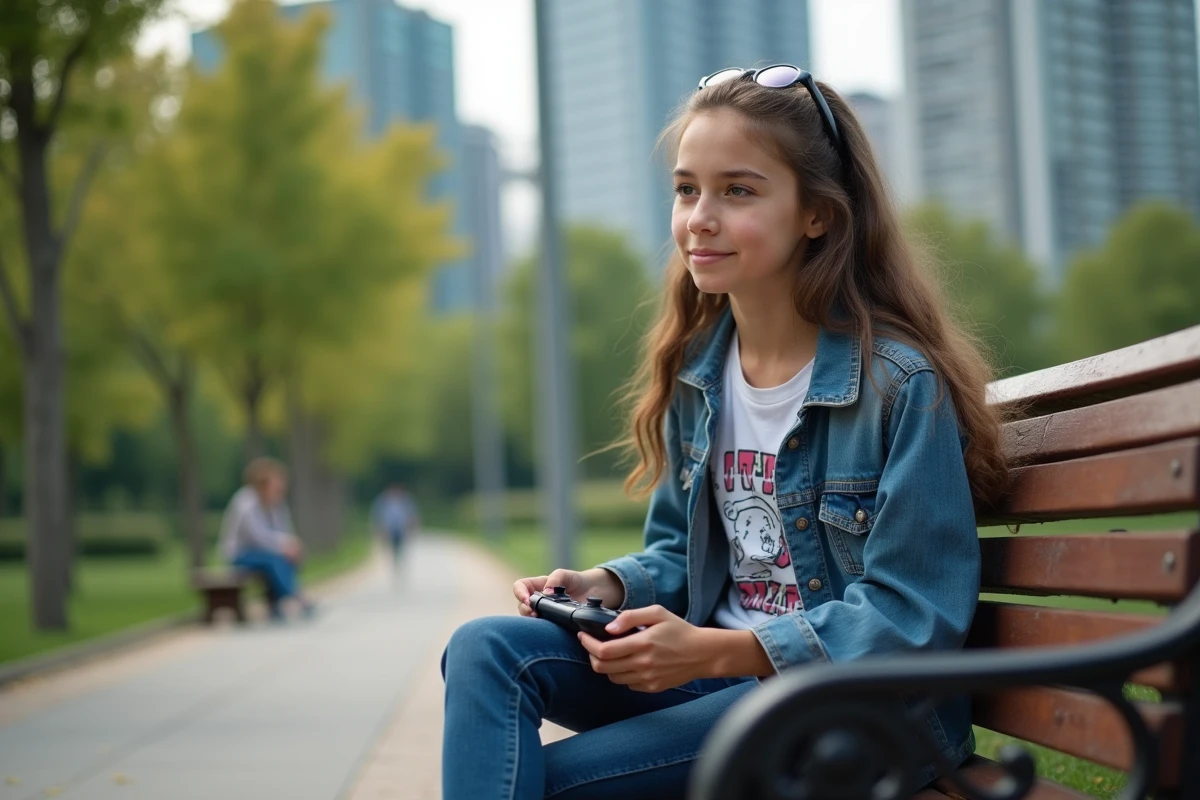 Adolescente jouant à un jeu vidéo dans un parc urbain
