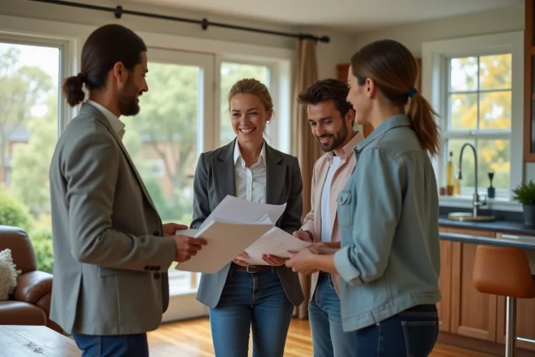 Agent immobilier souriante avec couple dans salon lumineux