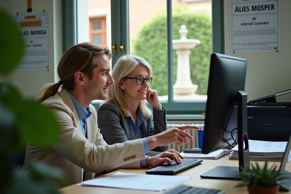 Deux agents administratifs de l'Académie d'Aix-Marseille consultant ensemble la messagerie professionnelle sur un ordinateur de bureau