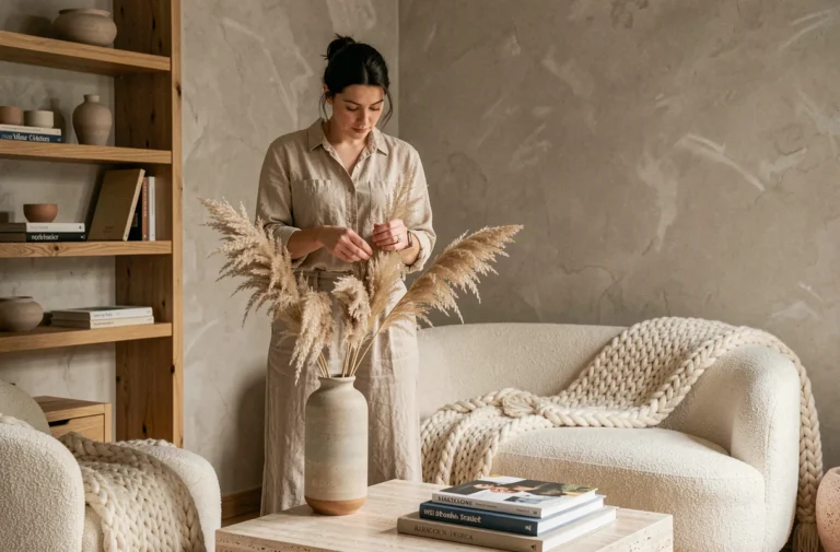 Femme arrangeant des herbes de la pampa dans un salon scandinave chaleureux avec canapé bouclé et étagères en chêne