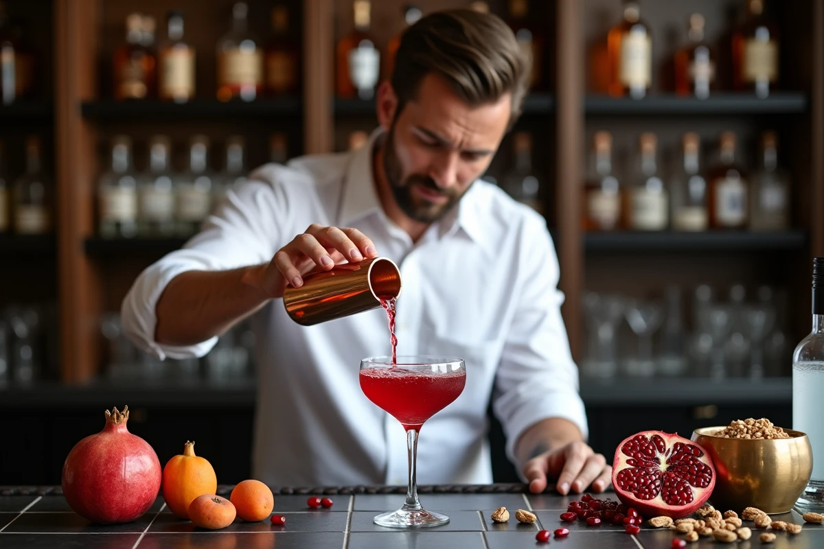 Barman versant un cocktail à la grenade et eau de rose dans un verre coupe sur comptoir en zellige