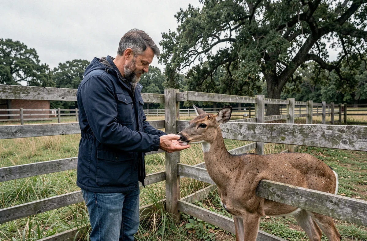 Homme bénévole nourrissant un faon sauvage dans un refuge animalier rural en plein air