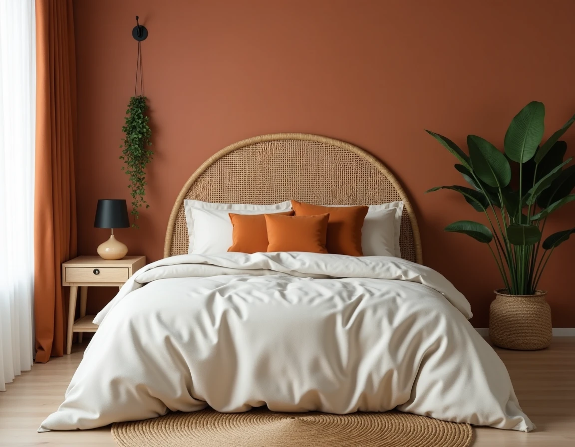 Chambre tendance avec tête de lit en rotin, mur en chaux terracotta et literie en lin beige et ocre