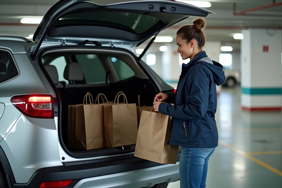 Femme chargeant des courses dans le coffre d'un SUV hybride dans un parking souterrain, illustrant la capacité de chargement pratique