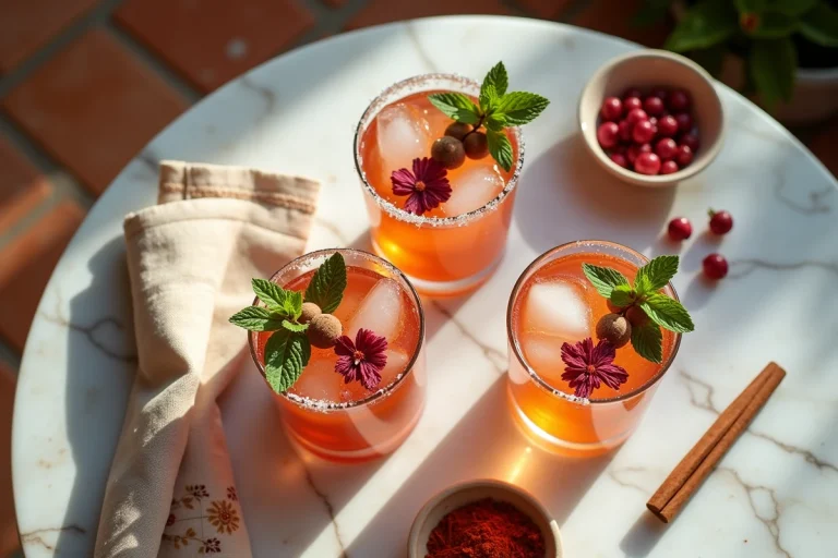Trois cocktails inspirés du Moyen-Orient vus de dessus sur marbre avec pétales de rose et épices orientales