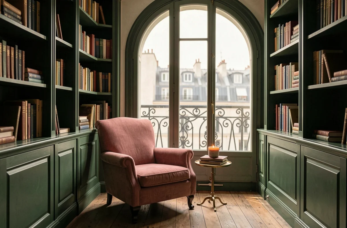 Coin lecture cosy dans un appartement haussmannien avec fauteuil rose, bibliothèque verte et fenêtre parisienne