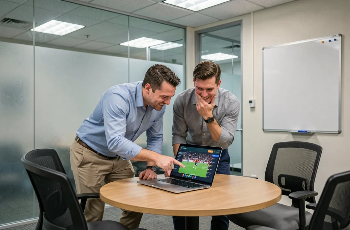 Deux collègues de bureau regardant furtivement un match de foot sur un ordinateur portable en salle de réunion