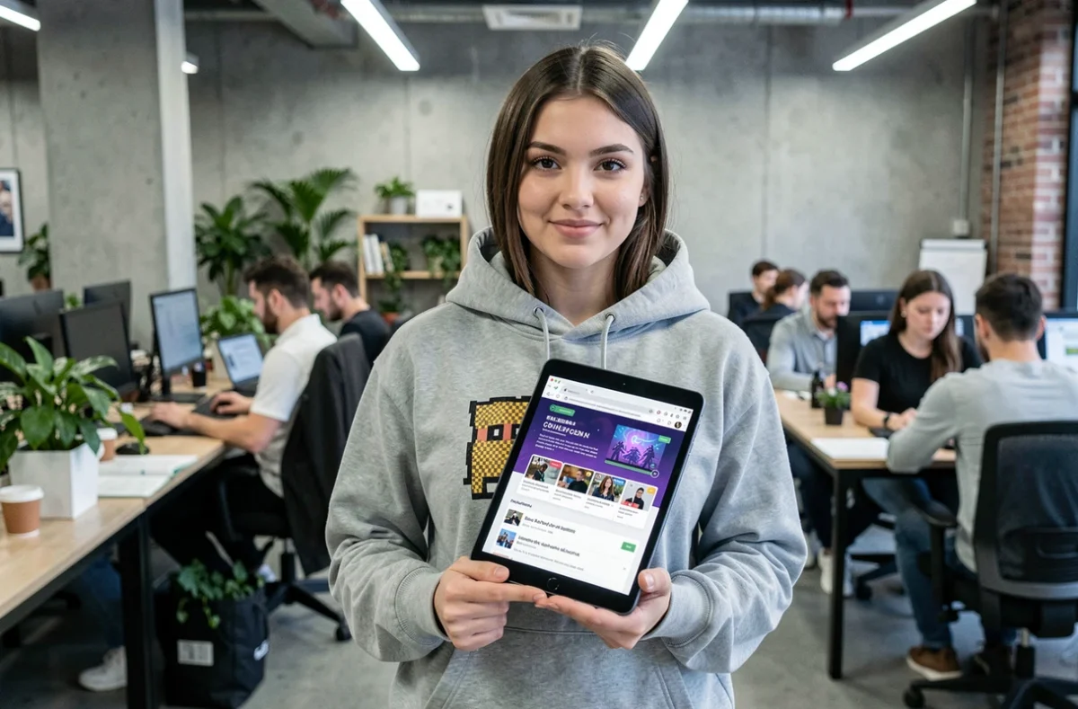 Une jeune femme tenant une tablette affichant un site communautaire geek dans un espace de coworking moderne et dynamique