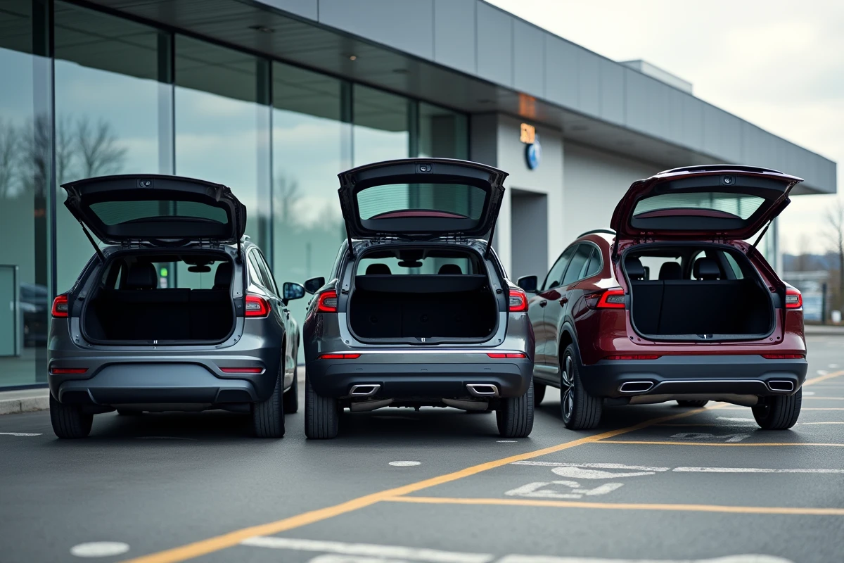 Comparaison des coffres ouverts de trois voitures côte à côte sur un parking de concession : thermique, hybride et électrique
