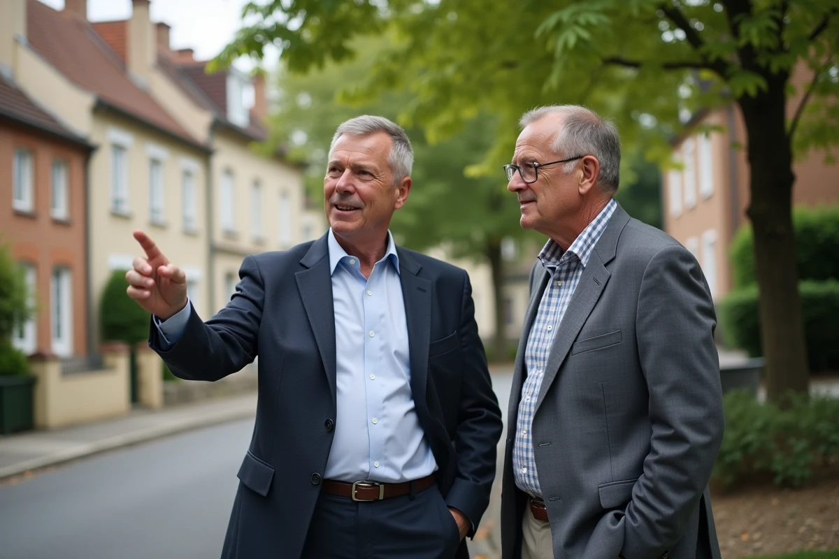 Agent immobilier montrant maison à un client dans rue résidentielle