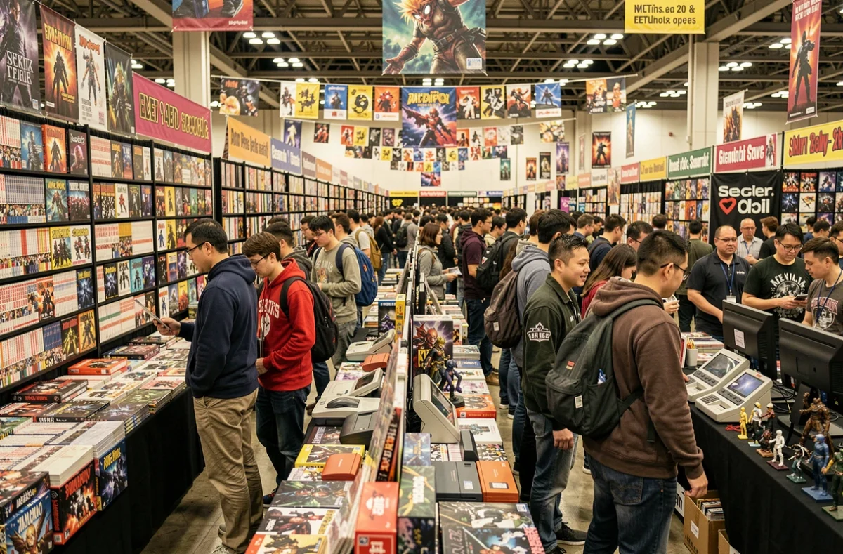 Vue grand angle d'un hall de convention geek animé avec des stands remplis de mangas, jeux de plateau et figurines entourés de passionnés