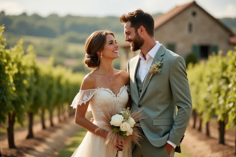 Couple de mariés élégants dans un vignoble français en plein air, robe en soie ivoire et costume lin sauge, bouquet de pampa et roses blanches