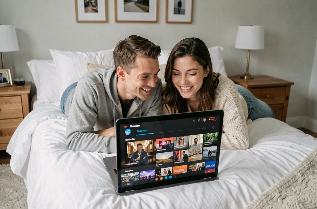 Couple regardant ensemble des émissions TV en streaming gratuit sur un ordinateur portable dans une chambre
