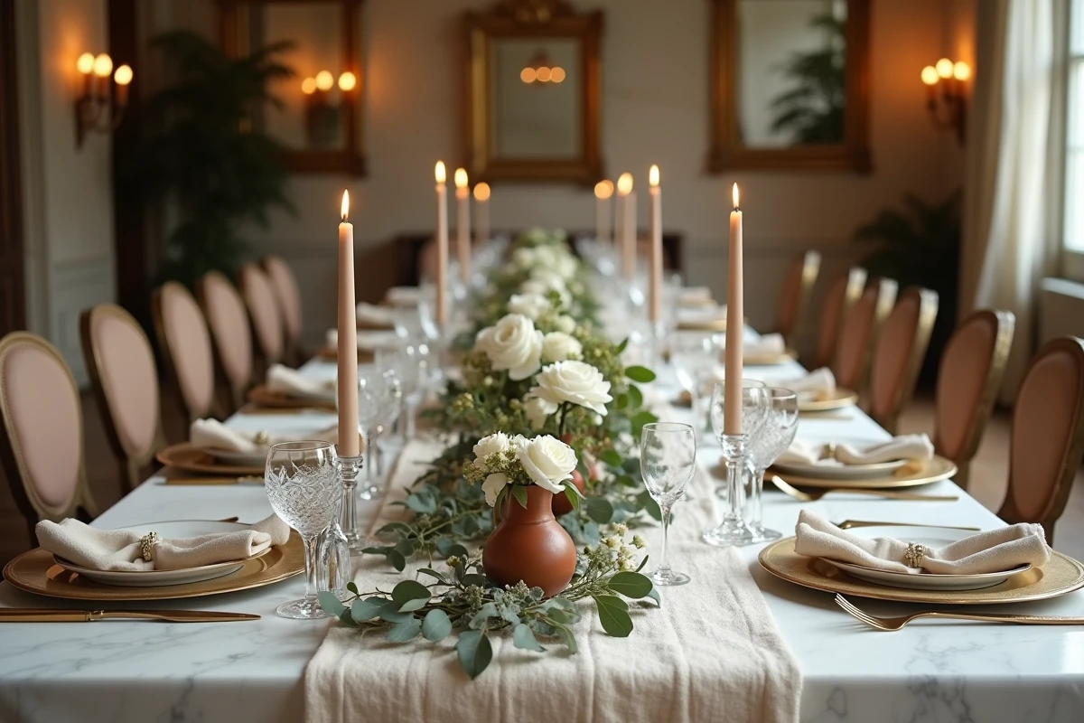 Décoration de table de mariage élégante en salle parisienne, vaisselle fine or, fleurs séchées, verres en cristal et runner en lin ivoire