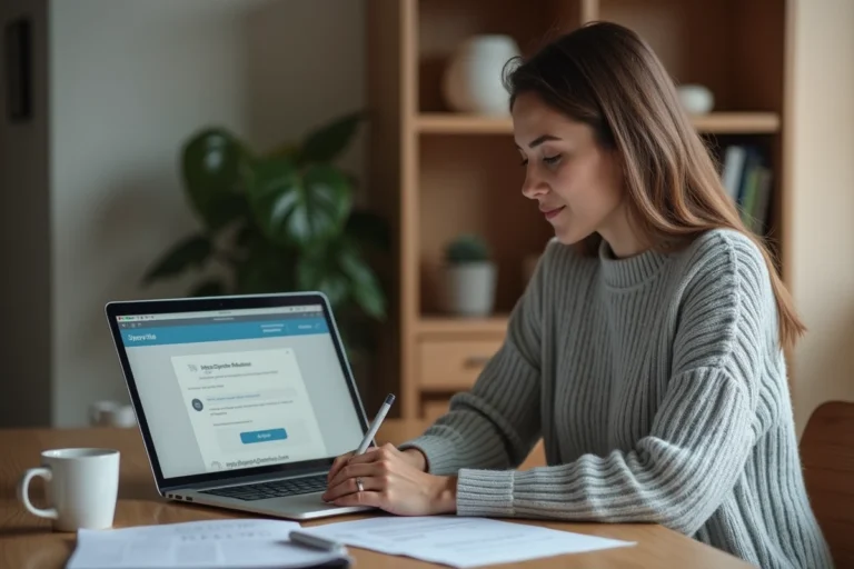 Femme consultant un portail administratif en ligne pour obtenir ses documents d'état civil depuis son bureau à domicile