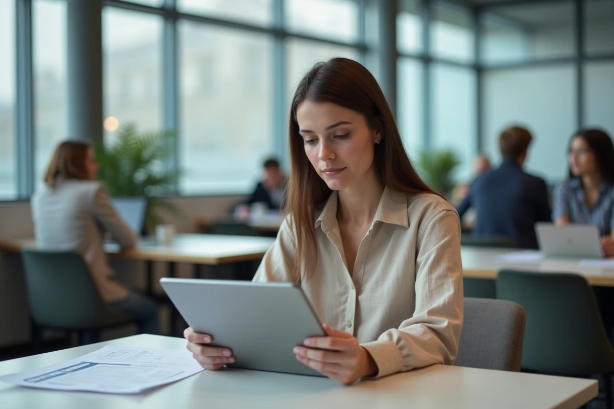 Jeune femme effectuant une demande d'acte d'état civil en ligne depuis un espace de coworking avec une tablette numérique