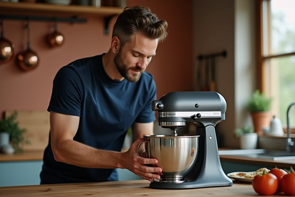 Homme démontant le bol d'un robot Kenwood Chef sur une table en bois rustique, démonstration de la technique correcte de retrait