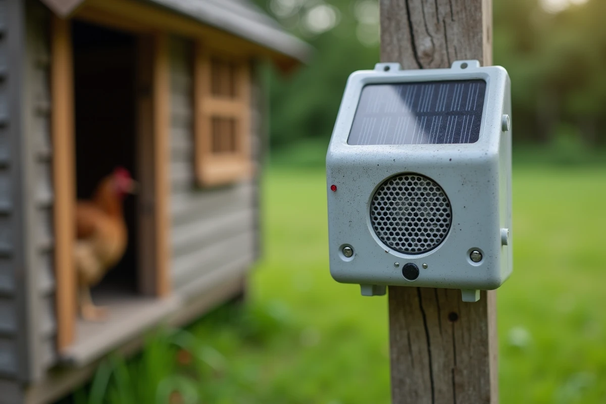 Effaroucheur sonore électronique solaire fixé sur un poteau près d'un poulailler émettant des cris de détresse