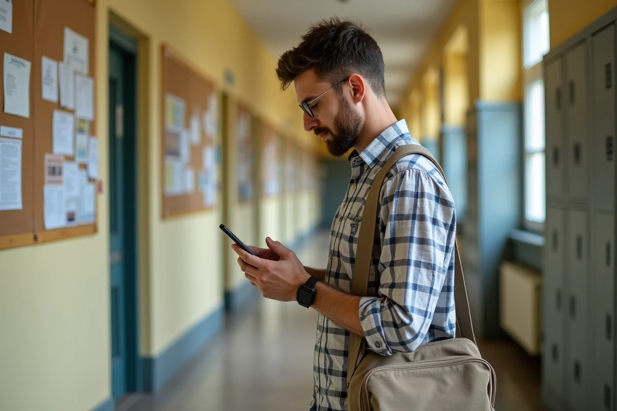 Professeur consultant sa messagerie académique sur smartphone dans un couloir de lycée de l'Académie d'Aix-Marseille
