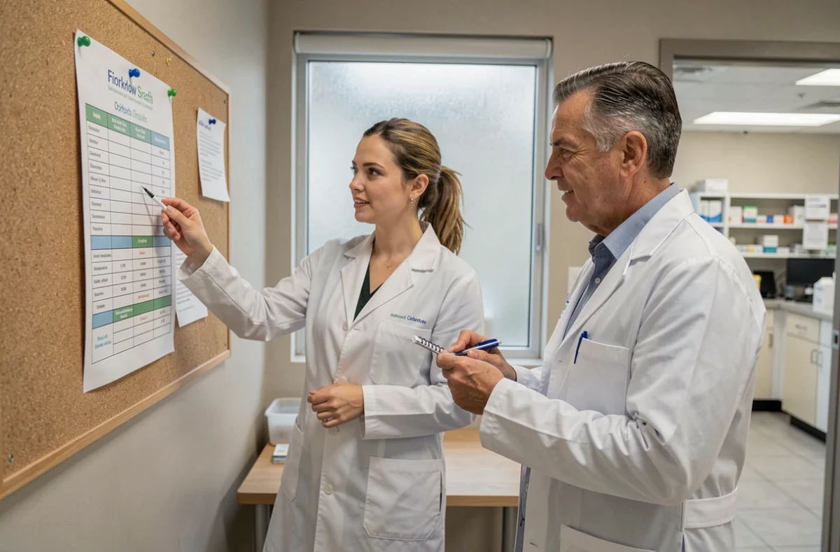 Deux membres d'une équipe de pharmacie collaborant sur la planification et l'organisation du travail quotidien