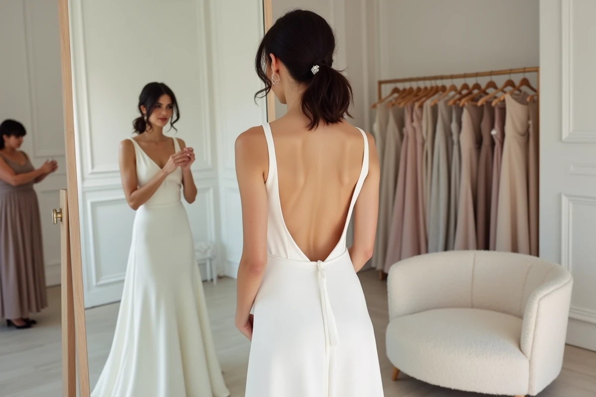 Mariée essayant une robe de mariage minimaliste en crêpe dans une boutique moderne à Paris, reflet dans le miroir et styliste en arrière-plan