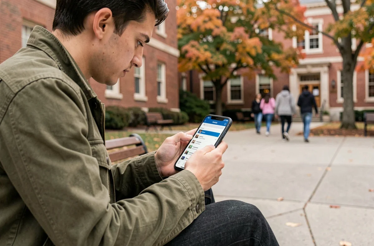 Étudiant consultant sa messagerie SOGo Lille sur smartphone dans la cour d'un campus universitaire