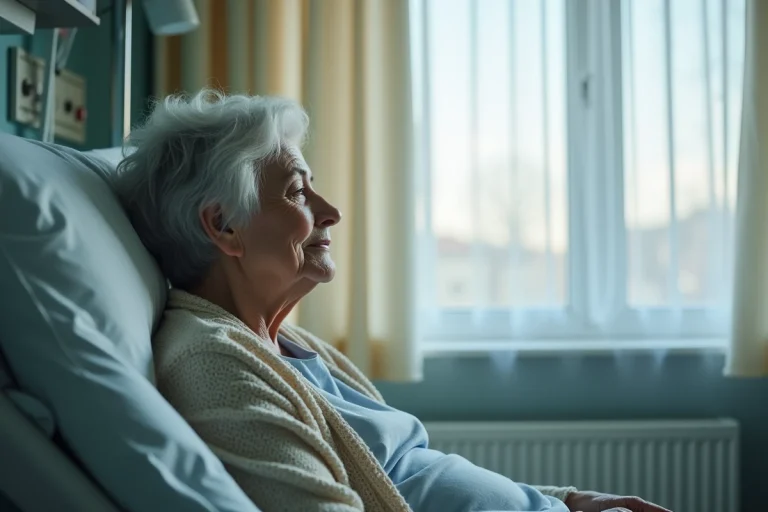 Femme agee assise en lit d'hopital avec emotion