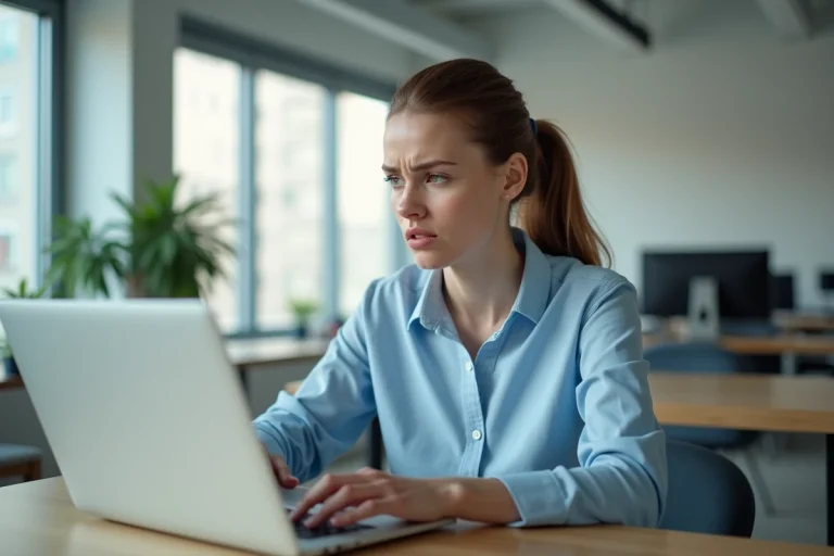 Femme frustrée face à un bug sur son ordinateur portable dans un bureau moderne, cherchant une solution technique