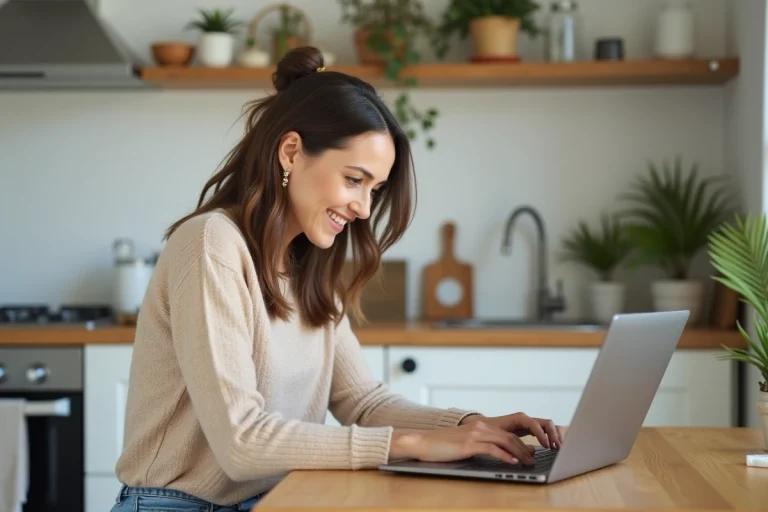 Femme assise à une table de cuisine avec ordinateur portable