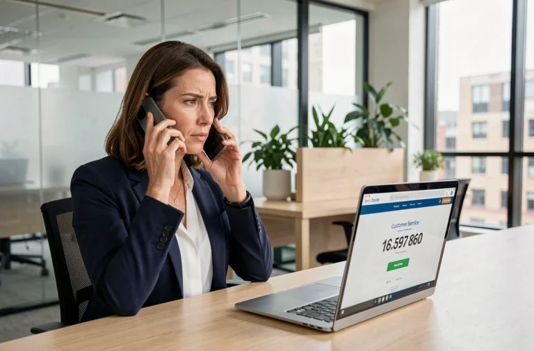 Femme professionnelle au bureau vérifiant la fiabilité d'un numéro 0270 sur son smartphone et son ordinateur portable