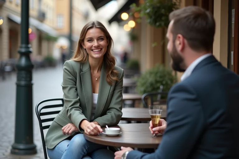 Femme élégante en terrasse de café en ville