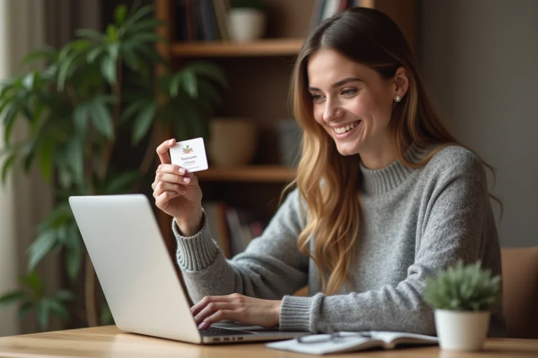 Femme tenant une carte cadeau Kadéos devant un ordinateur portable pour effectuer un achat sur Amazon