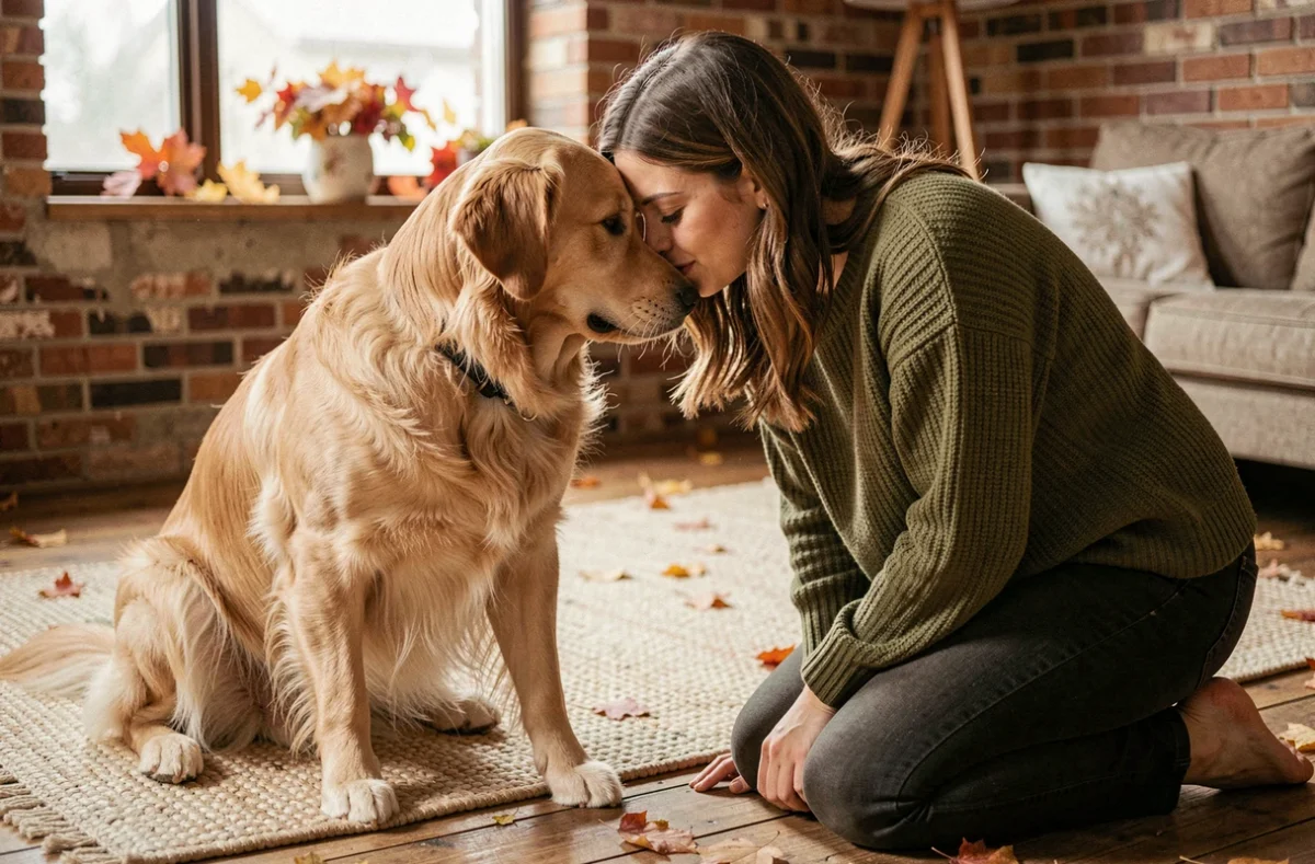 Femme affectueuse partageant un moment de tendresse avec son golden retriever dans un salon rustique en bois