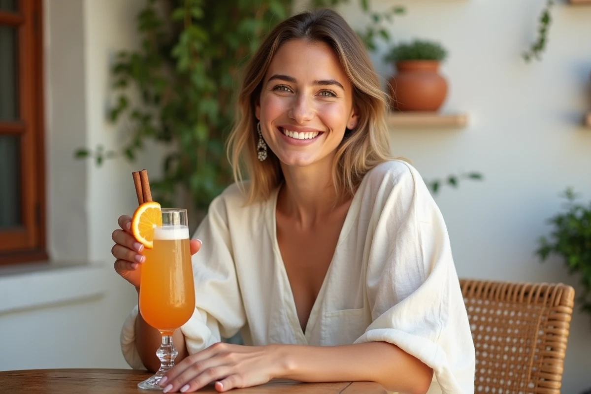 Femme tenant un cocktail oriental épicé en terrasse dans une cour aux murs blanchis style marocain