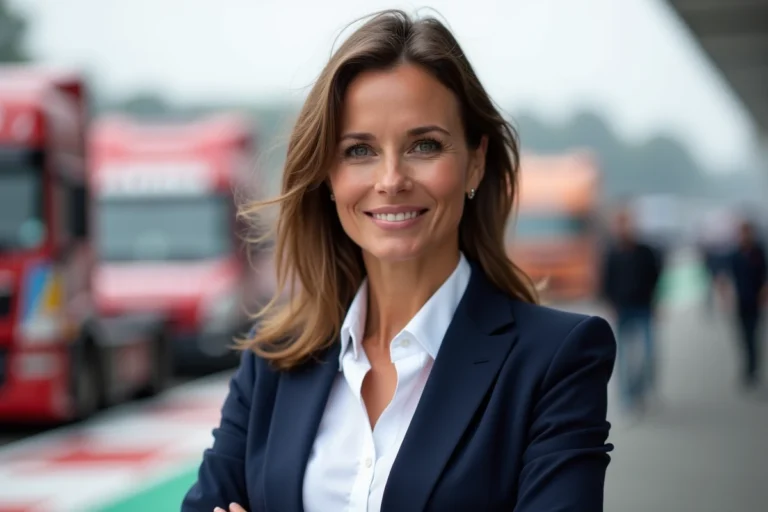 Femme élégante souriante devant un paddock de course automobile, portrait éditorial réaliste