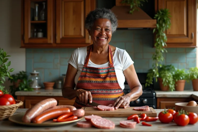 Femme créole en tablier coloré préparant des saucisses pour rougail