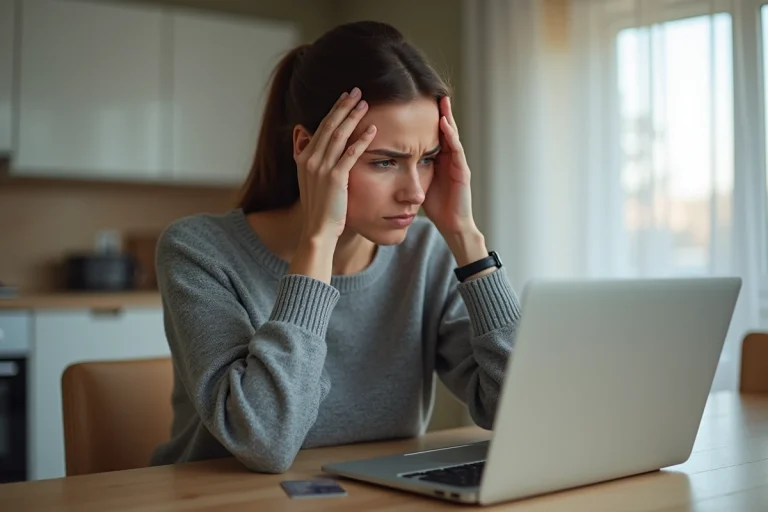 Femme inquiète regardant son ordinateur portable après un paiement suspect sur une plateforme en ligne douteuse