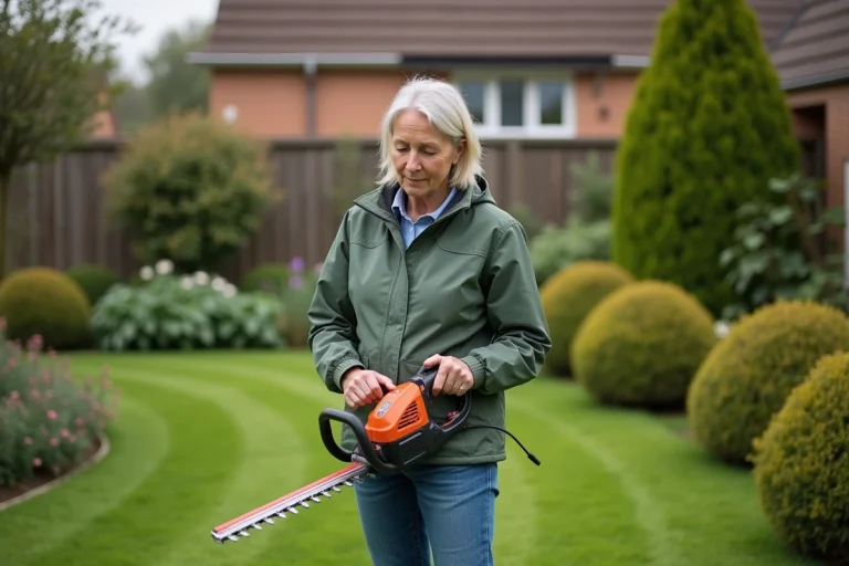 Femme inspectant une tronçonneuse électrique dans son jardin