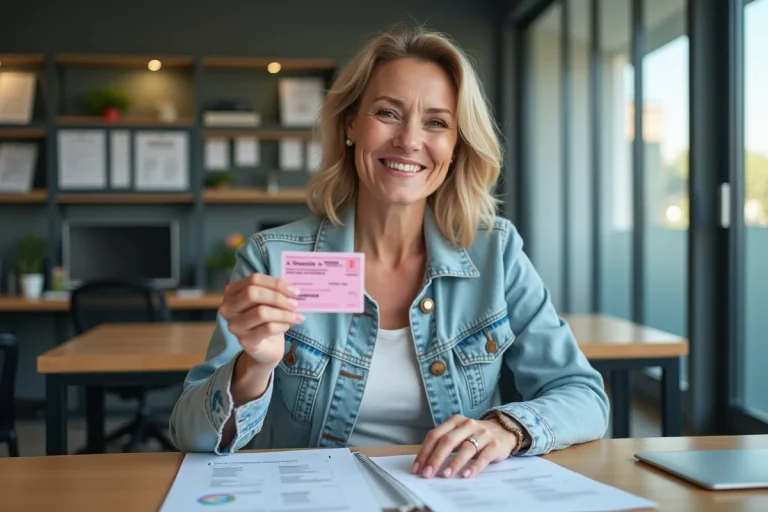 Femme souriante avec permis de conduire dans un bureau administratif