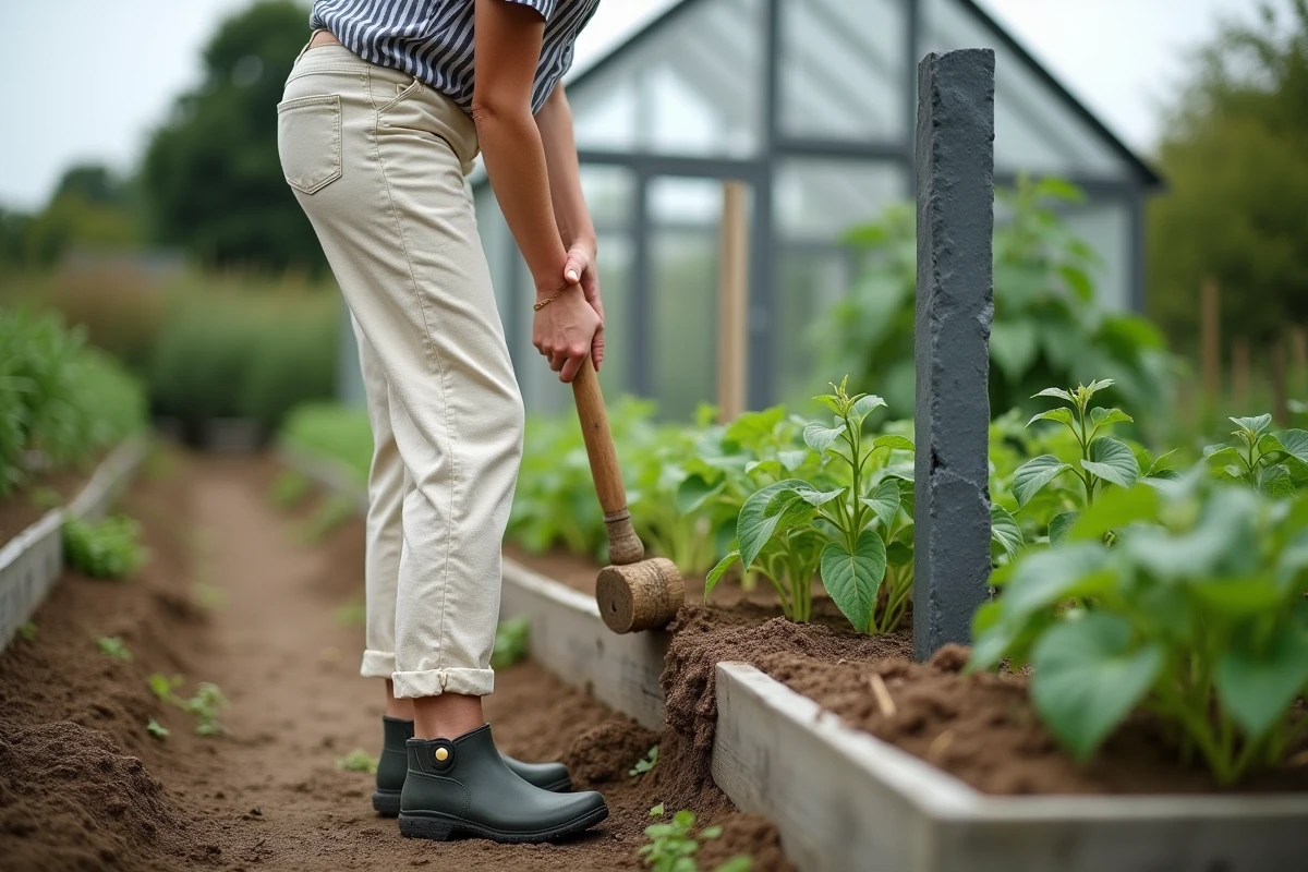 Femme enfonçant un piquet de schiste dans un potager avec un maillet en bois