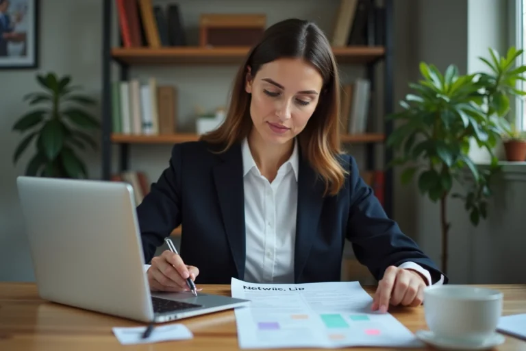 Femme concentrée révisant des offres d'emploi à son bureau avec un ordinateur portable ouvert sur un réseau professionnel
