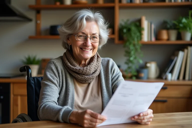 Femme senior en fauteuil tenant un document dans la cuisine