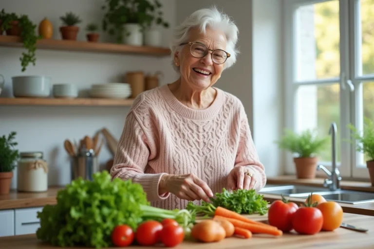 Femme senior préparant une salade dans la cuisine lumineuse