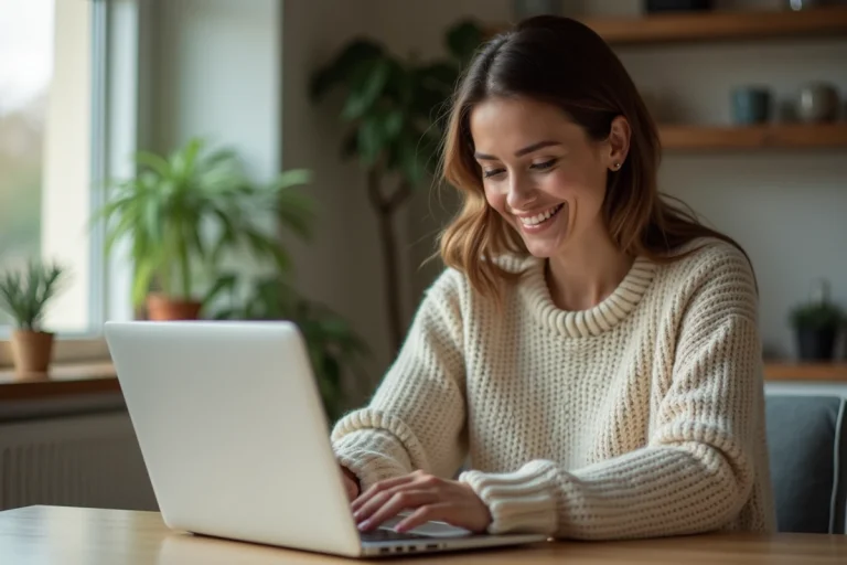Femme souriante faisant ses courses en ligne à la maison