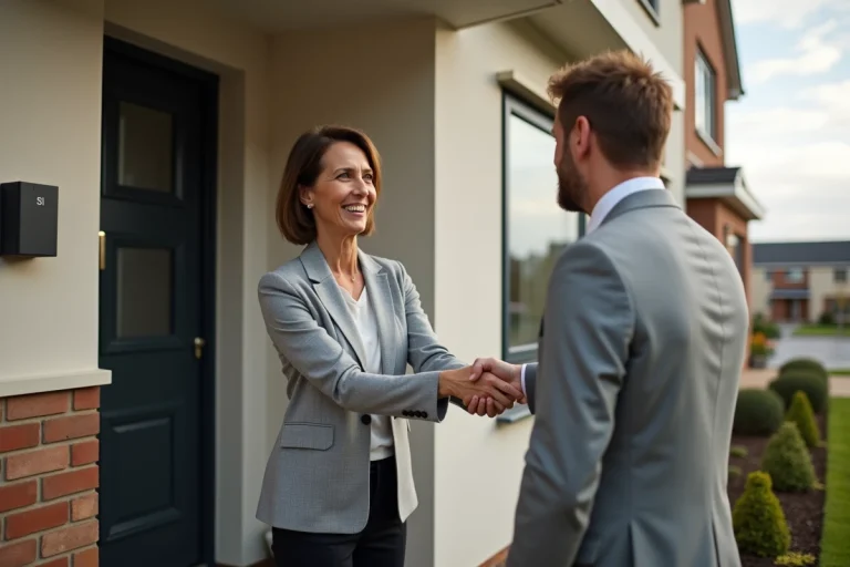 Femme souriante serrant la main d'un agent immobilier devant une maison