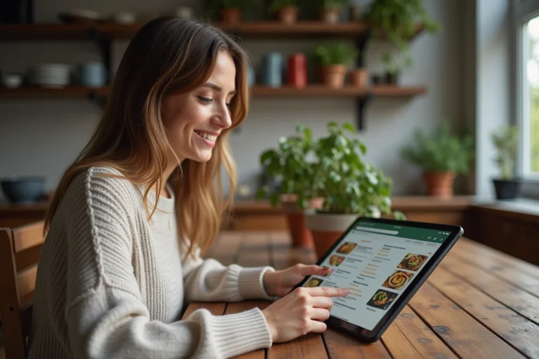 Jeune femme souriante utilisant une tablette dans une cuisine chaleureuse