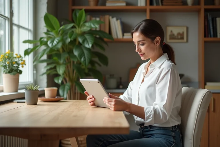 Femme en blouse blanche sur une table à manger moderne