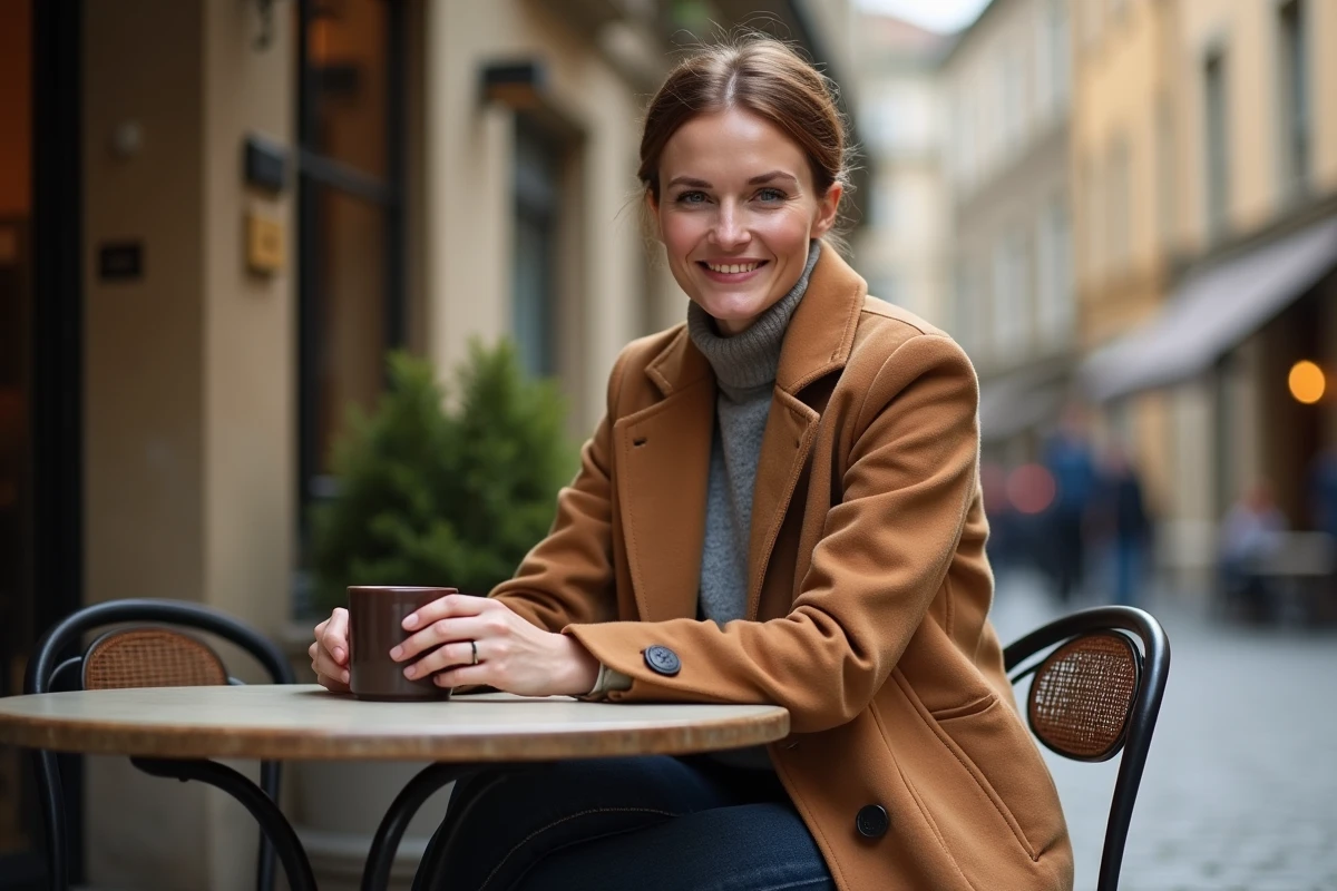 Femme élégante assise en terrasse de café dans une ville européenne, style éditorial naturel
