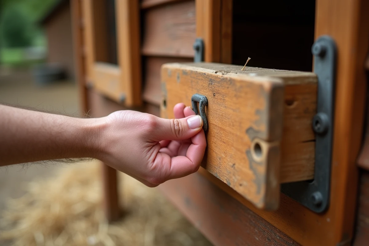 Main fermant le loquet d'un pondoir en bois d'un poulailler pour empêcher l'accès des pies