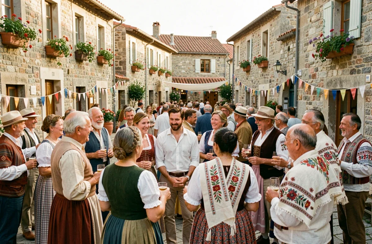 Fête de village animée en Casinca avec habitants en tenue traditionnelle corse réunis sur une place en pierre